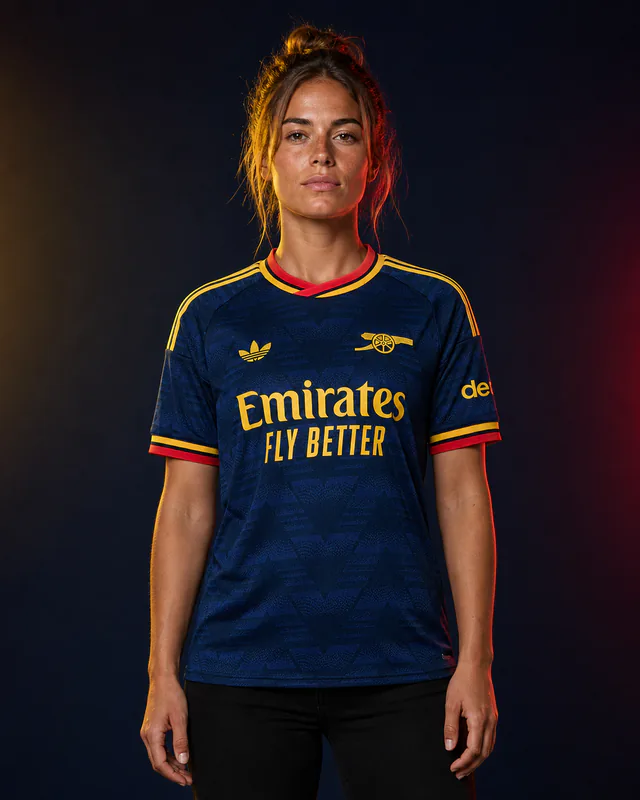 Arsenal 2026–27 Away AI-generated editorial shirt visual on a fictional female model, not a product photo