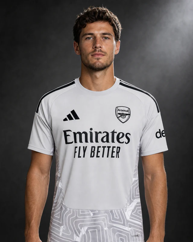 Arsenal 2026–27 Goalkeeper AI-generated editorial shirt visual on a fictional model, not a product photo