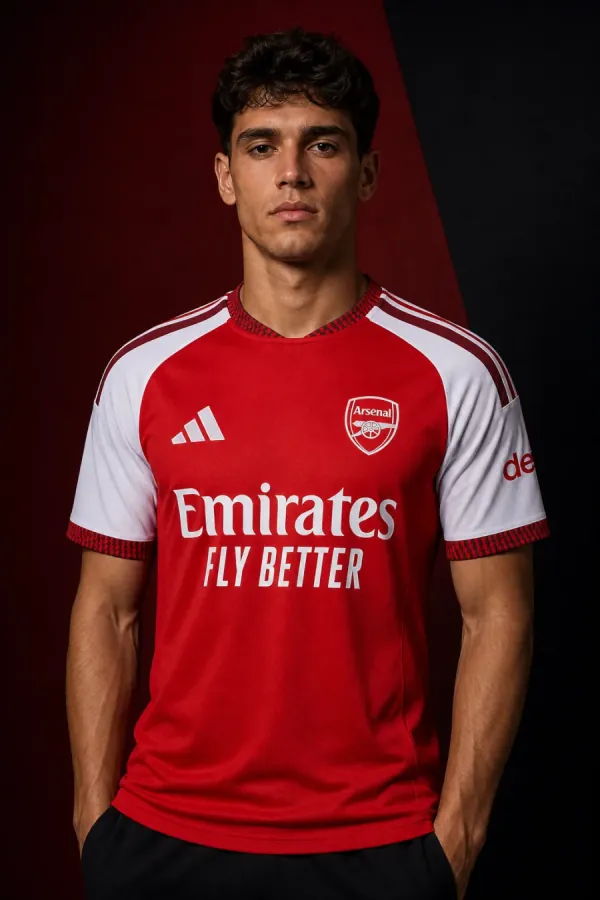 Arsenal 2026–27 Home AI-generated editorial shirt visual on a fictional male model, not a product photo