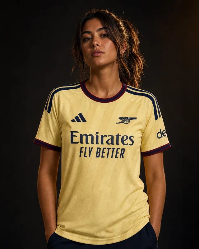 Arsenal 2026–27 Third AI-generated editorial shirt visual on a fictional female model, not a product photo