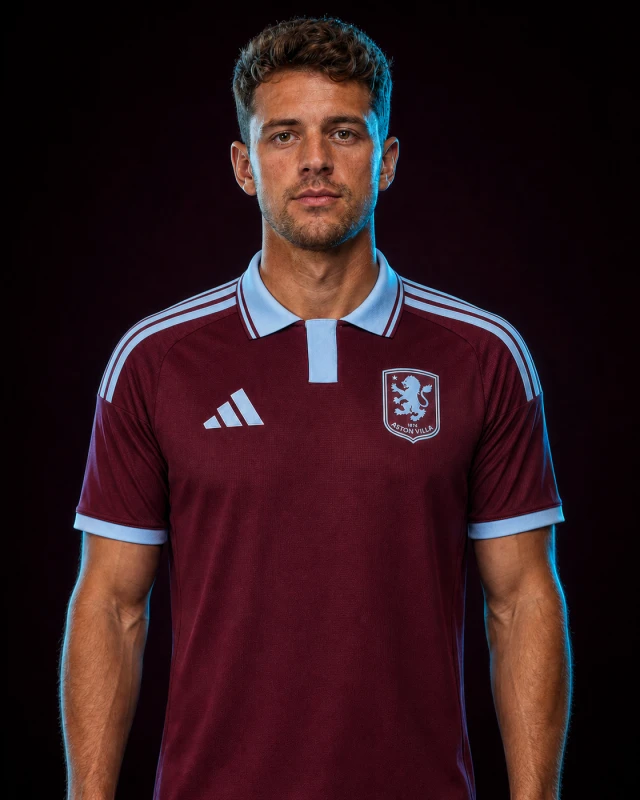 Aston Villa 2026–27 Home AI-generated editorial shirt visual on a fictional model, not a product photo