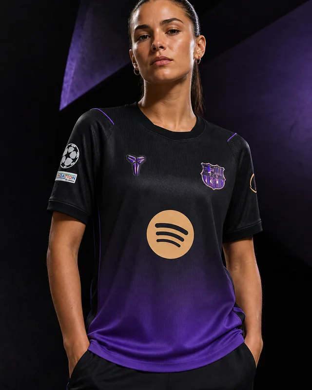 FC Barcelona 2026–27 Away AI-generated editorial shirt visual on a fictional female model, not a product photo