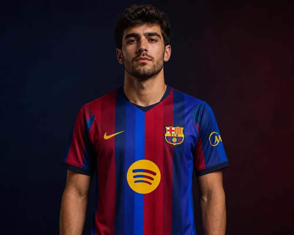 Barcelona 2026–27 Home AI-generated editorial shirt visual on a fictional male model, not a product photo