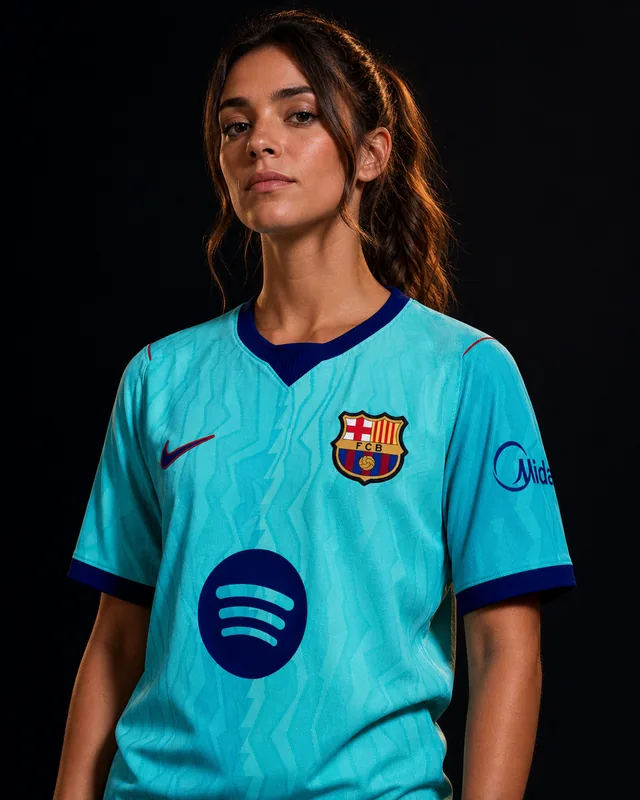 Barcelona 2026–27 Third AI-generated editorial shirt visual on a fictional female model, not a product photo
