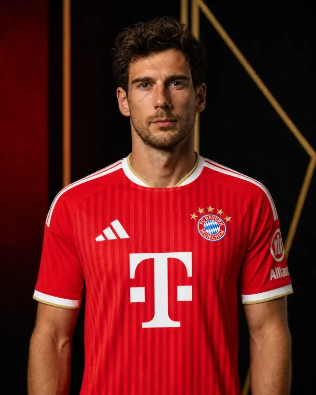 Bayern Munich 2026–27 Home AI-generated editorial shirt visual on a fictional male model, not a product photo