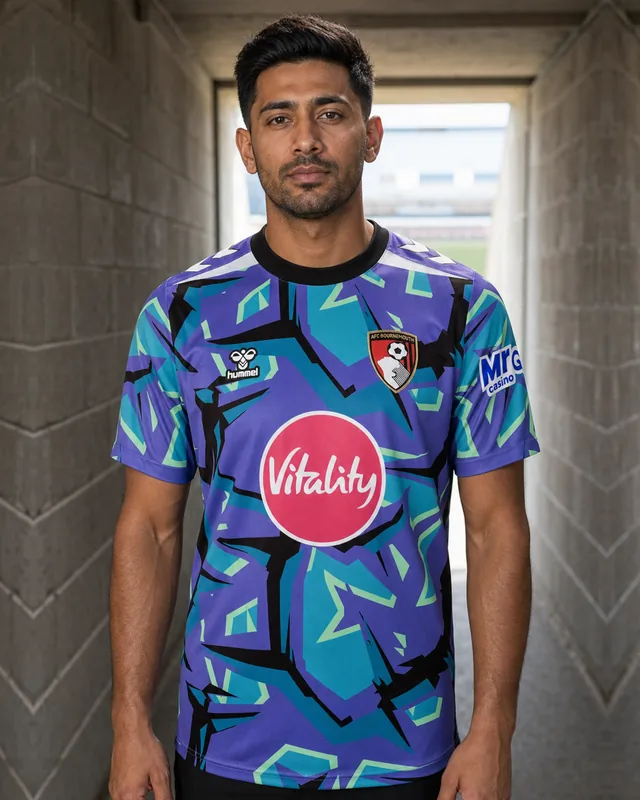 AFC Bournemouth 2026–27 purple-and-green Goalkeeper AI-generated editorial shirt visual on a fictional male model, not a product photo