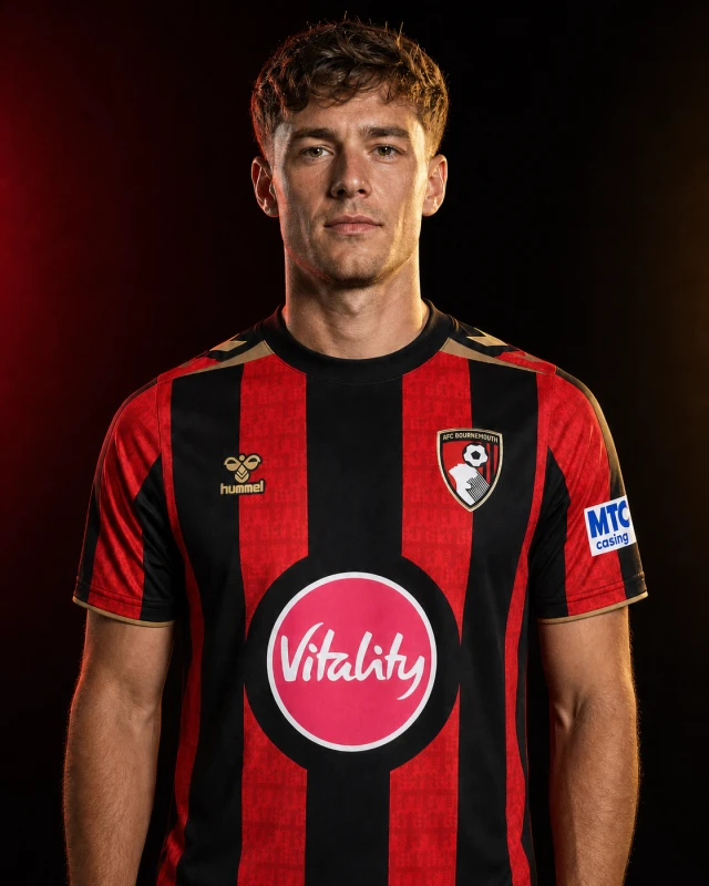 Bournemouth 2026–27 Home AI-generated editorial shirt visual on a fictional model, not a product photo