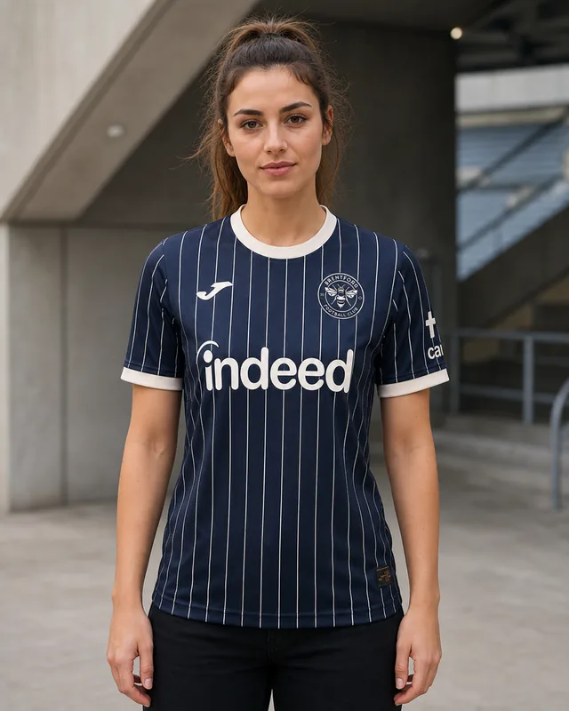Brentford 2026–27 Away AI-generated editorial shirt visual on a fictional female model, not a product photo