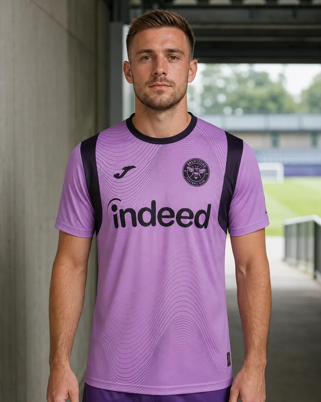 Brentford 2026–27 lilac Goalkeeper AI-generated editorial shirt visual on a fictional male model, not a product photo