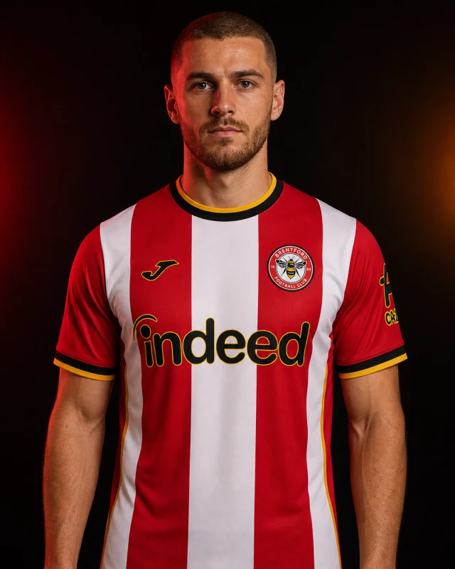 Brentford 2026–27 Home AI-generated editorial shirt visual on a fictional model, not a product photo