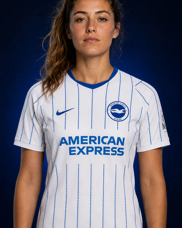 Brighton & Hove Albion 2026–27 Away AI-generated editorial shirt visual on a fictional model, not a product photo