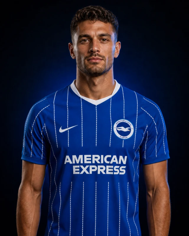 Brighton & Hove Albion 2026–27 Home AI-generated editorial shirt visual on a fictional model, not a product photo