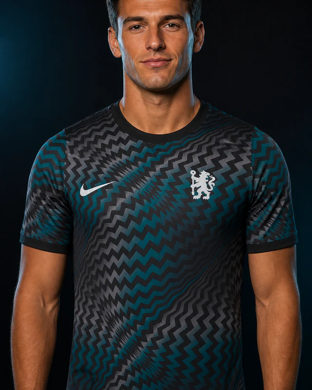 Chelsea 2026–27 Goalkeeper AI-generated editorial shirt visual on a fictional model, not a product photo