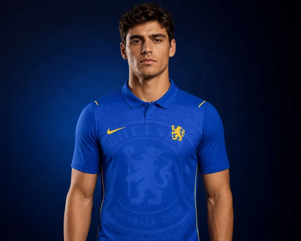 Chelsea 2026–27 Home AI-generated editorial shirt visual on a fictional male model, not a product photo