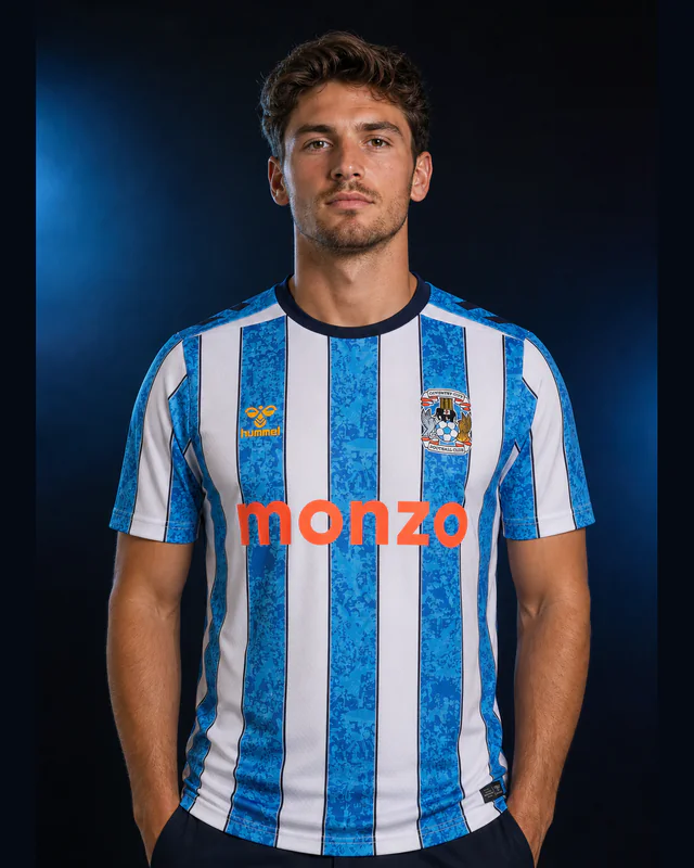 Coventry City 2026–27 Home AI-generated editorial shirt visual on a fictional model, not a product photo
