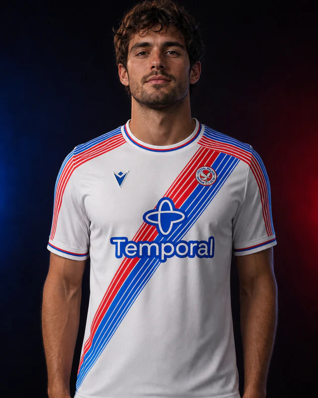 Crystal Palace 2026–27 Home AI-generated editorial shirt visual on a fictional model, not a product photo