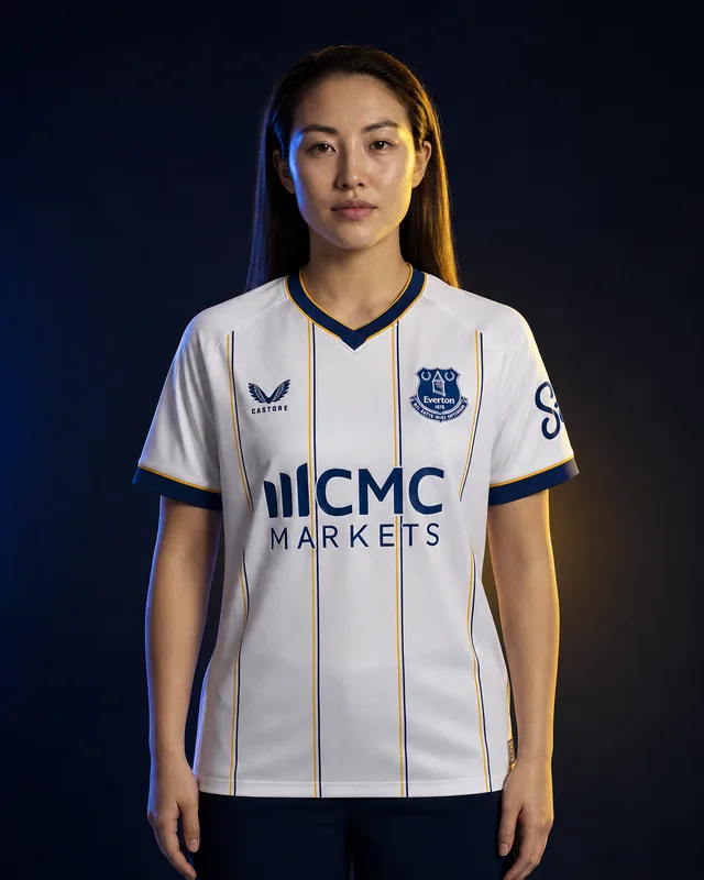 Everton 2026–27 Away AI-generated editorial shirt visual on a fictional model, not a product photo