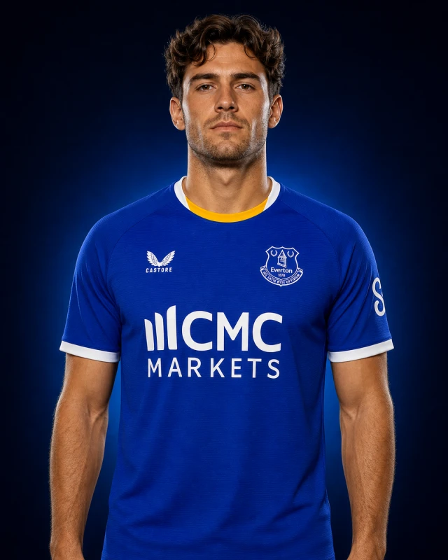 Everton 2026–27 Home AI-generated editorial shirt visual on a fictional model, not a product photo