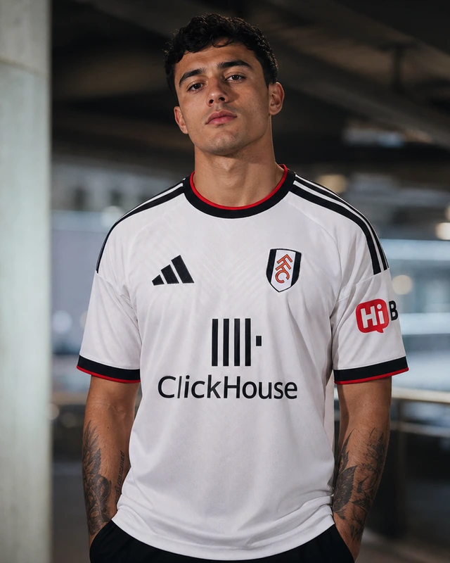 Fulham 2026–27 Home AI-generated editorial shirt visual on a fictional male model, not a product photo