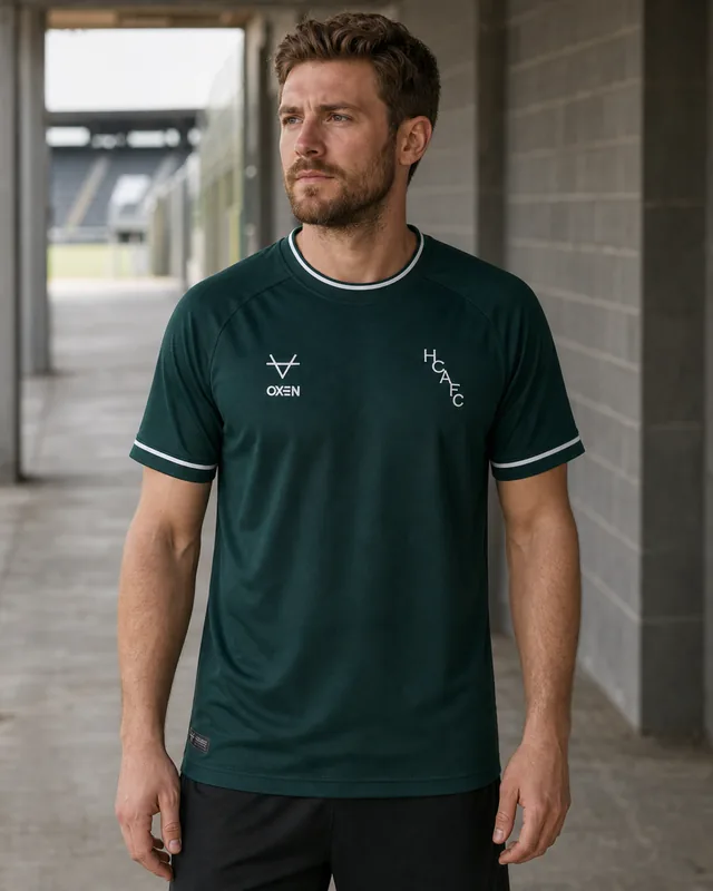 Hull City 2026–27 dark-green Goalkeeper AI-generated editorial shirt visual on a fictional male model, not a product photo
