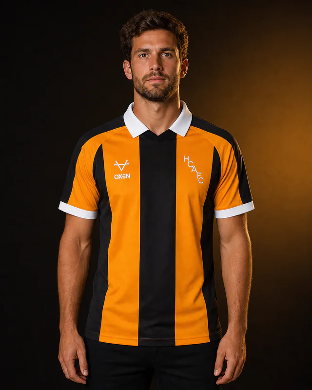 Hull City 2026–27 Home AI-generated editorial shirt visual on a fictional model, not a product photo