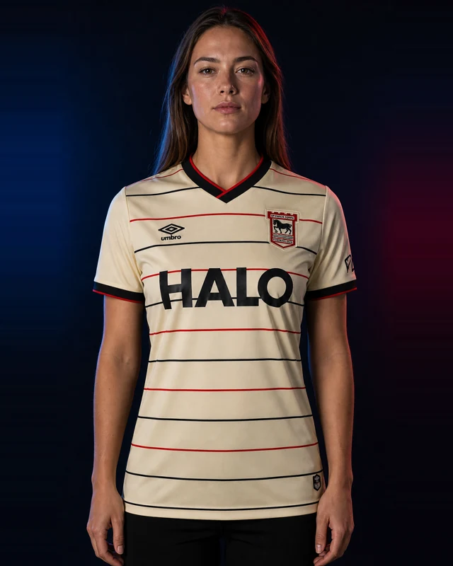 Ipswich Town 2026–27 Away AI-generated editorial shirt visual on a fictional model, not a product photo