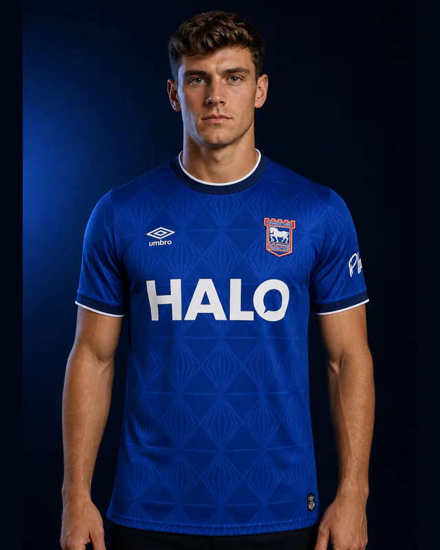 Ipswich Town 2026–27 Home AI-generated editorial shirt visual on a fictional model, not a product photo