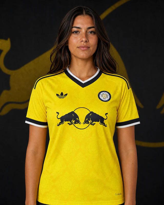 Leeds United 2026–27 Away AI-generated editorial shirt visual on a fictional model, not a product photo