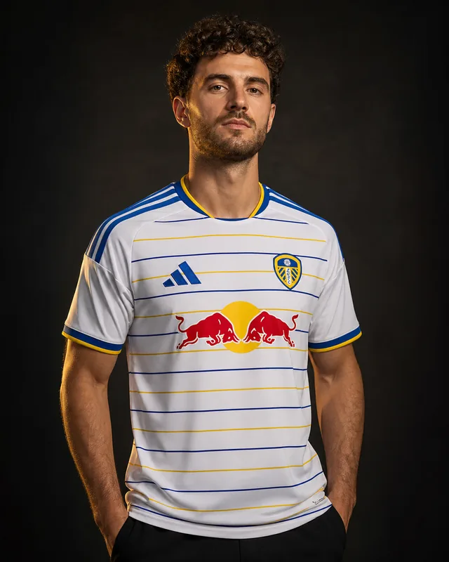 Leeds United 2026–27 Home AI-generated editorial shirt visual on a fictional male model, not a product photo
