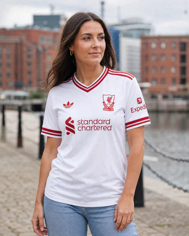 Liverpool 2026–27 Away AI-generated editorial shirt visual on a fictional female model, not a product photo