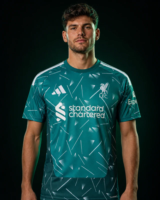 Liverpool 2026–27 Goalkeeper AI-generated editorial shirt visual on a fictional model, not a product photo