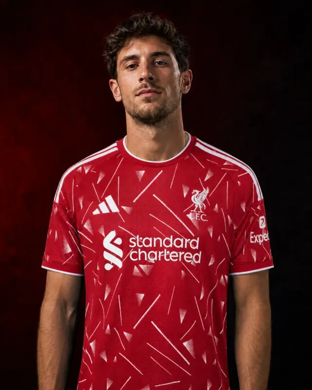 Liverpool 2026–27 Home AI-generated editorial shirt visual on a fictional male model, not a product photo