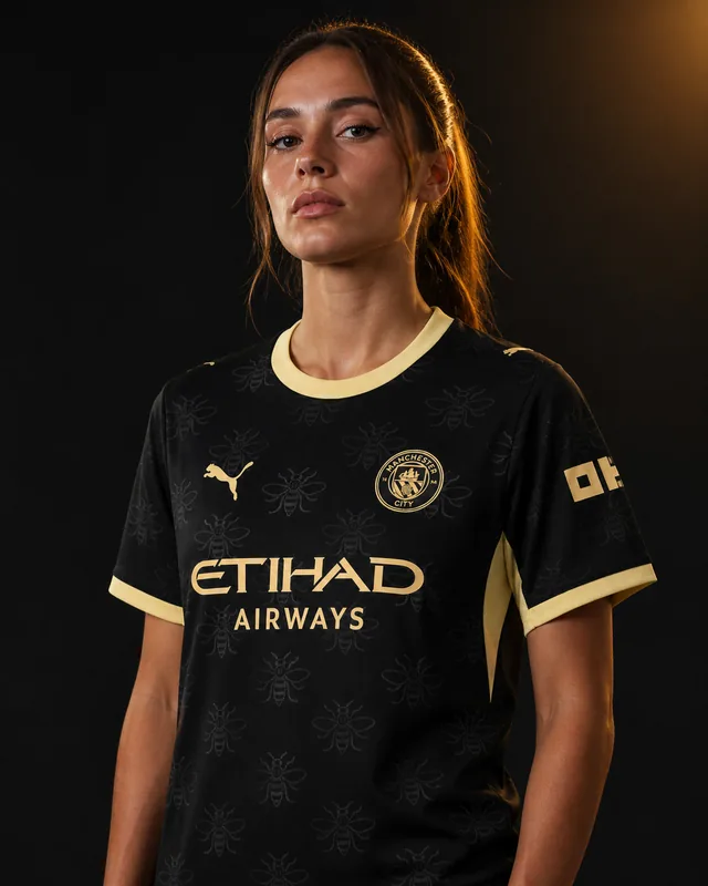 Manchester City 2026–27 Away AI-generated editorial shirt visual on a fictional female model, not a product photo