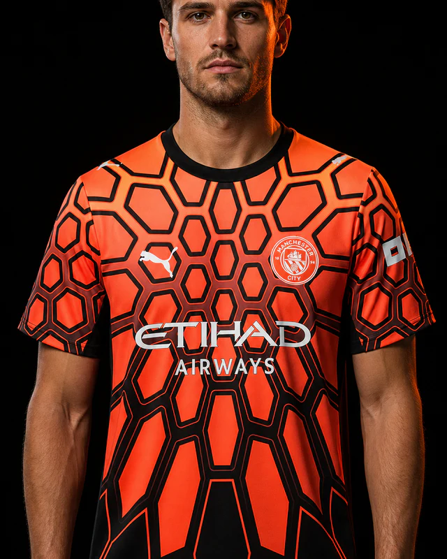 Manchester City 2026–27 Goalkeeper AI-generated editorial shirt visual on a fictional model, not a product photo