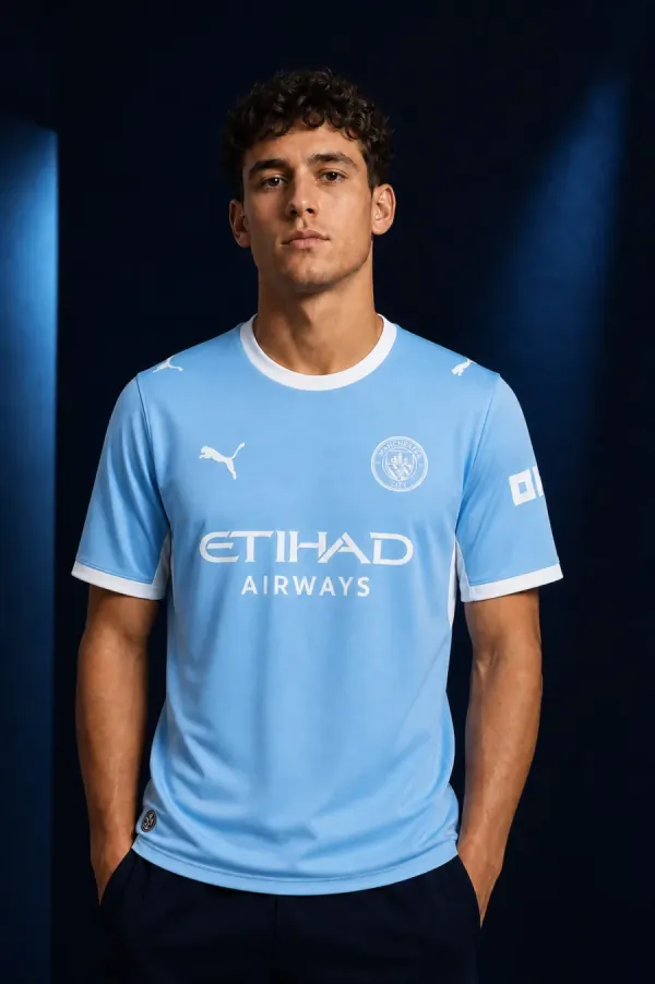 Manchester City 2026–27 Home AI-generated editorial shirt visual on a fictional male model, not a product photo