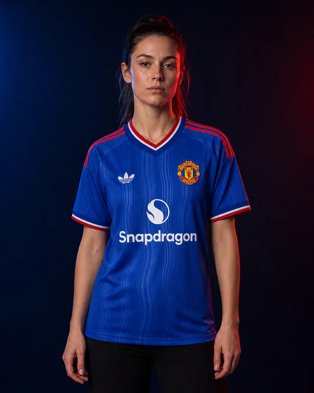 Manchester United 2026–27 Away AI-generated editorial shirt visual on a fictional female model, not a product photo