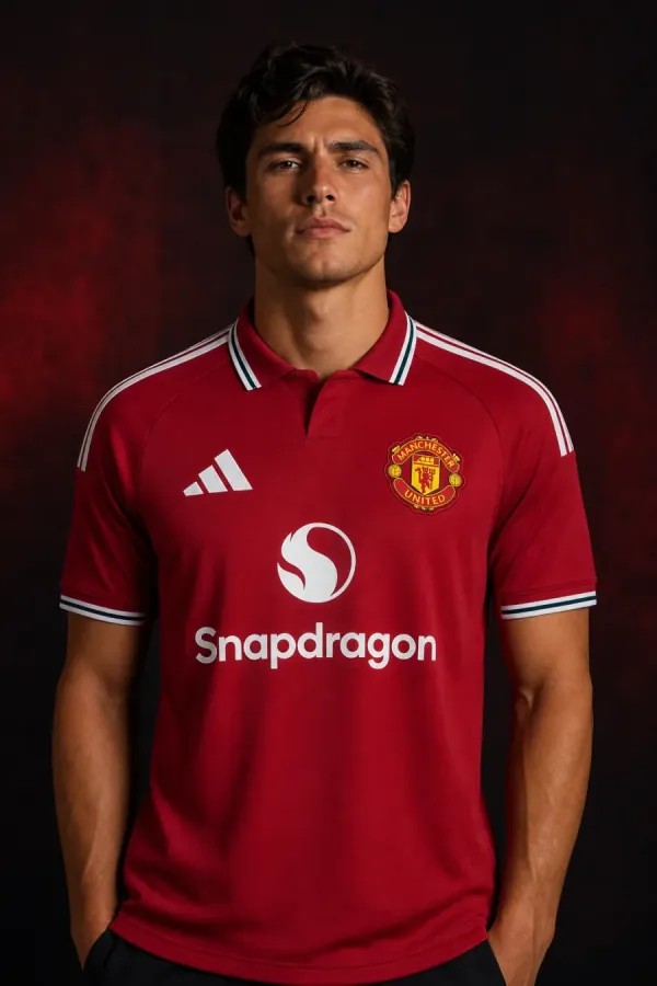 Manchester United 2026–27 Home AI-generated editorial shirt visual on a fictional male model, not a product photo