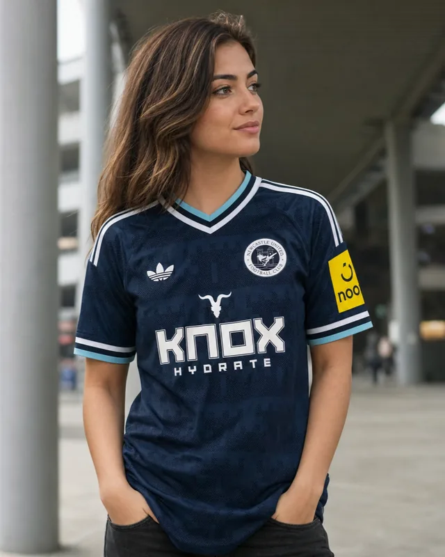 Newcastle United 2026–27 Away AI-generated editorial shirt visual on a fictional female model, not a product photo