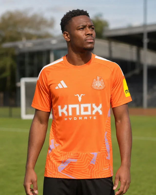 Newcastle United 2026–27 orange Goalkeeper AI-generated editorial shirt visual on a fictional male model, not a product photo