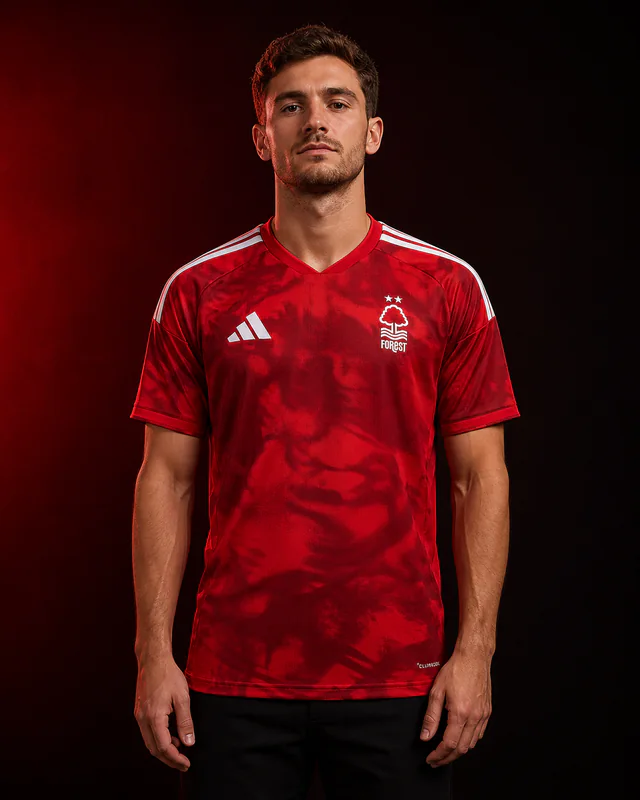 Nottingham Forest 2026–27 Home AI-generated editorial shirt visual on a fictional model, not a product photo