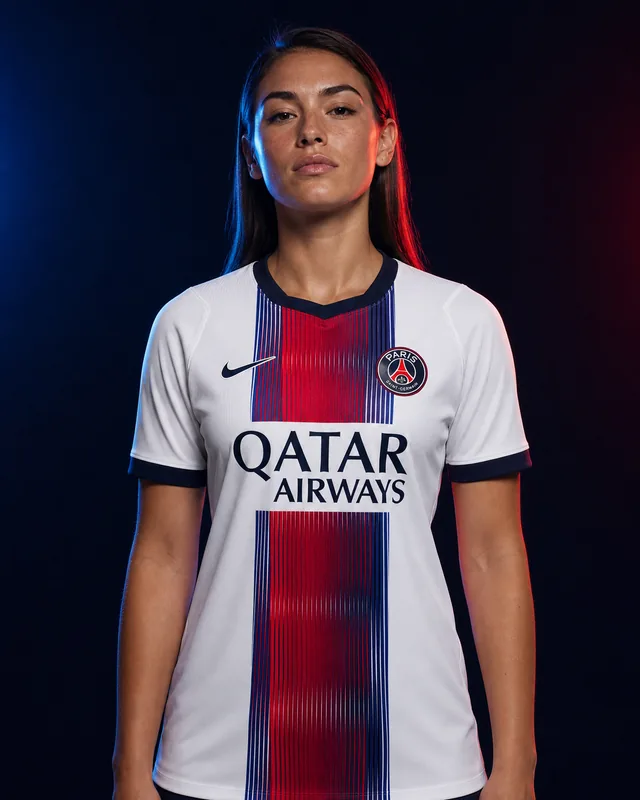 PSG 2026–27 Away AI-generated editorial shirt visual on a fictional model, not a product photo