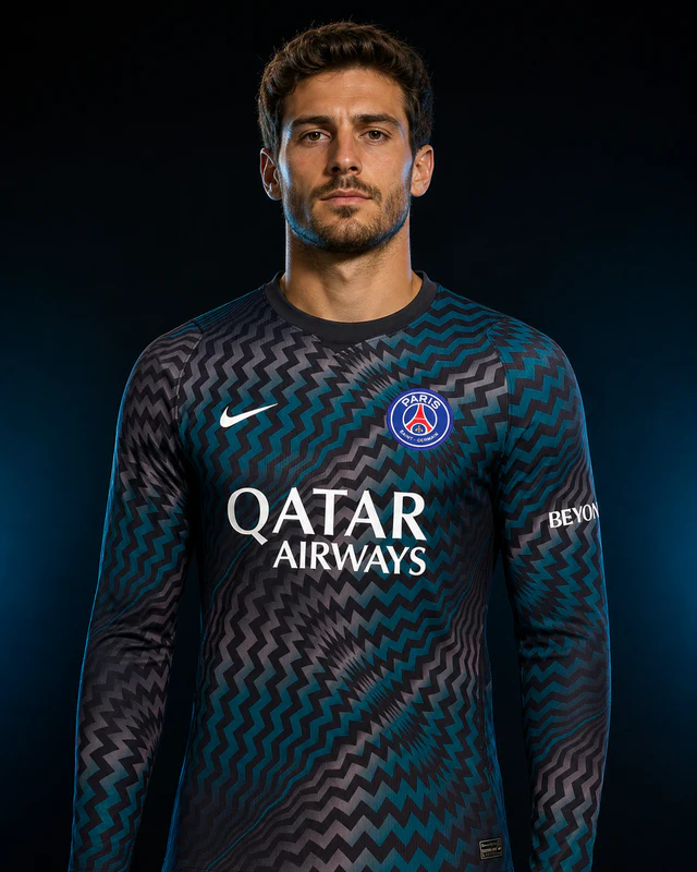 PSG 2026–27 Goalkeeper AI-generated editorial shirt visual on a fictional model, not a product photo