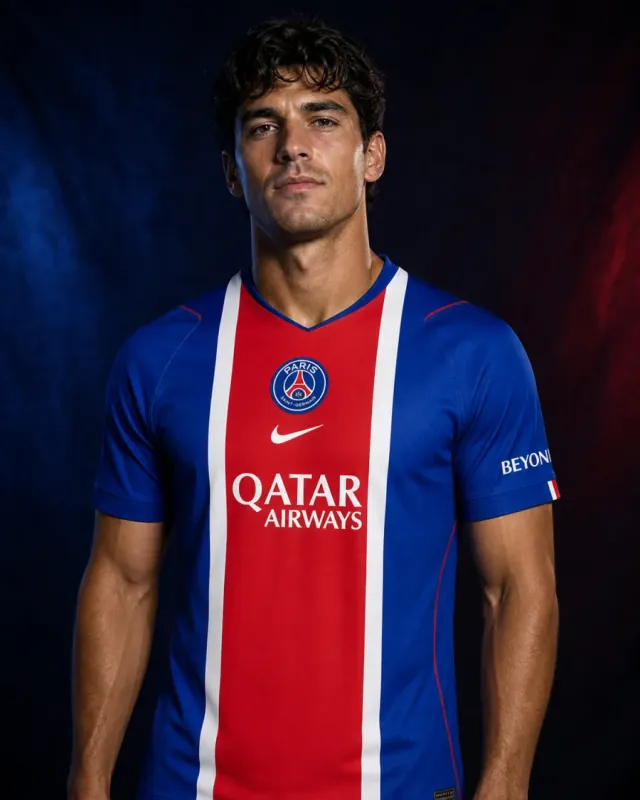 PSG 2026–27 Home AI-generated editorial shirt visual on a fictional male model, not a product photo