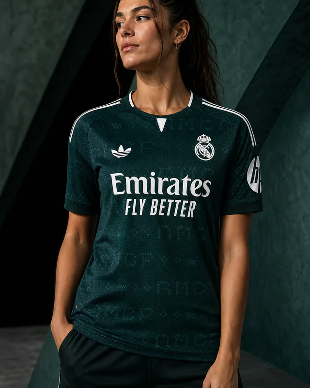 Real Madrid 2026–27 Away AI-generated editorial shirt visual on a fictional female model, not a product photo