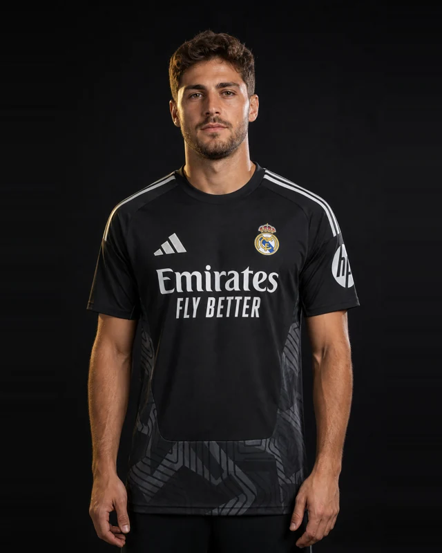 Real Madrid 2026–27 Goalkeeper AI-generated editorial shirt visual on a fictional model, not a product photo