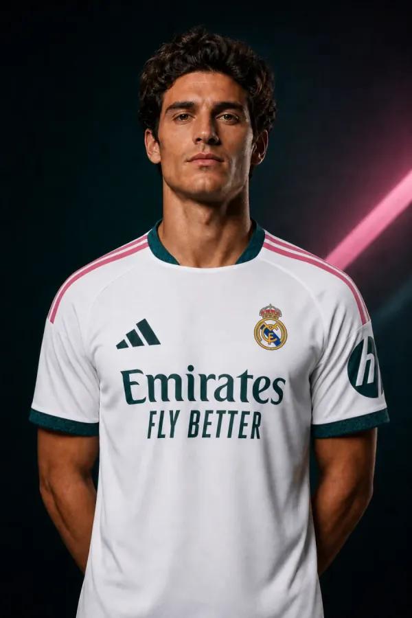 Real Madrid 2026–27 Home AI-generated editorial shirt visual on a fictional male model, not a product photo