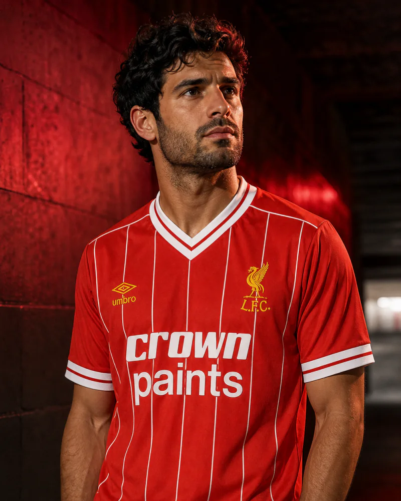 Fictional supporter wearing an editorial reconstruction of the Liverpool 1983-84 Umbro Crown Paints home shirt