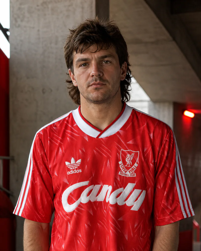 Fictional supporter wearing an editorial reconstruction of the Liverpool 1989-91 Adidas Candy geometric home shirt