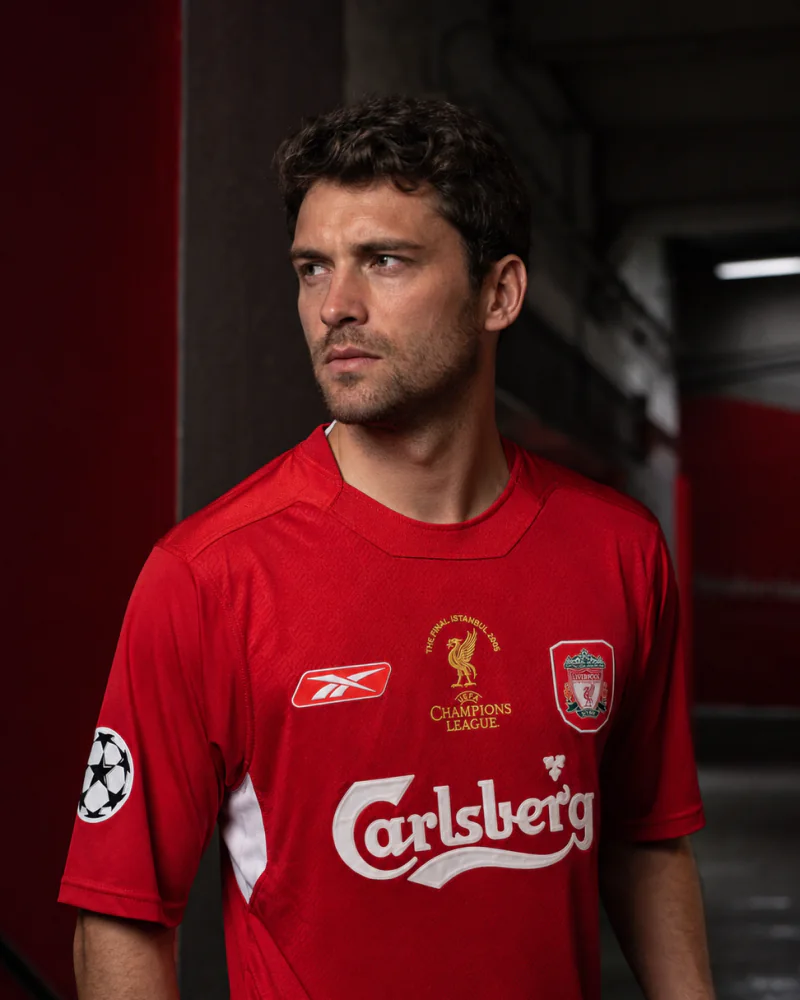 Fictional supporter wearing an editorial reconstruction of the Liverpool 2004-05 Reebok Istanbul home shirt