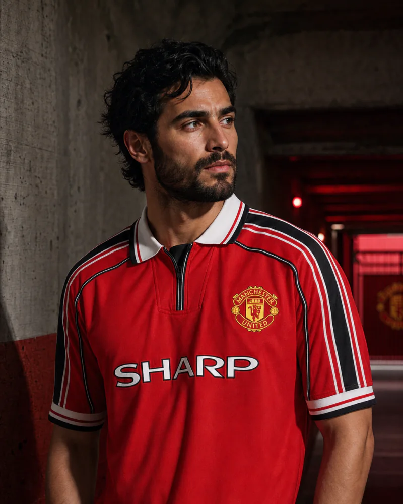 Fictional supporter wearing an editorial reconstruction of the Manchester United 1998-2000 domestic Umbro Sharp home shirt